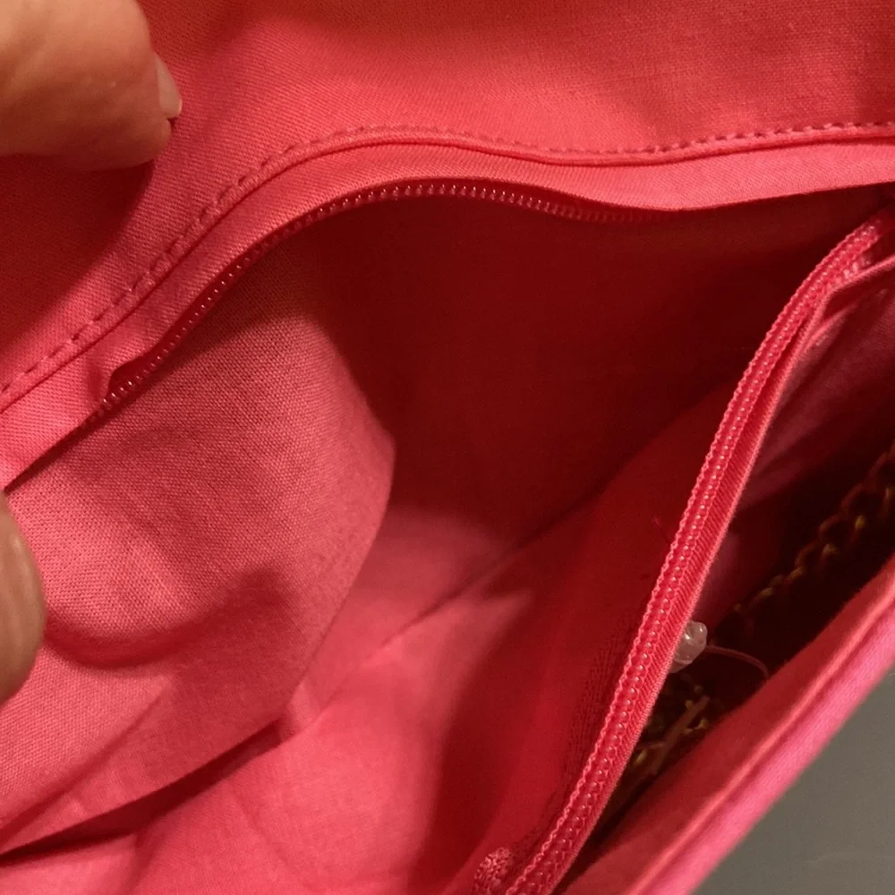 NWT Barbie pink cloth ornate clutch with convertible gold tone chain strap